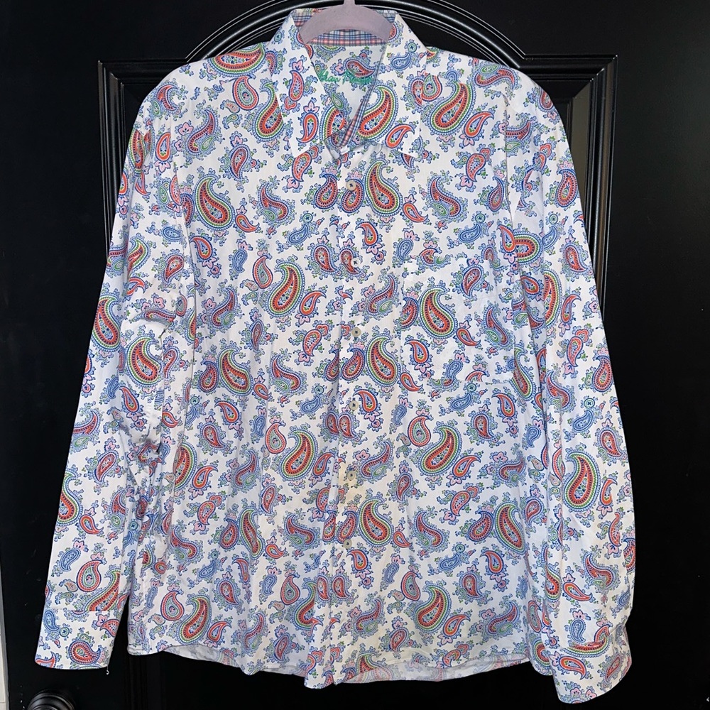 Beautiful Alan Flusser Paisley Button Down Casual Shirt Plaid Cuffs size Large